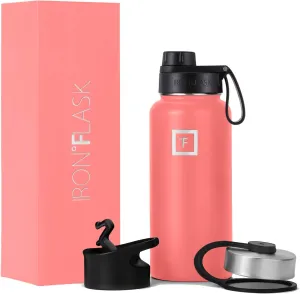 IRON °FLASK Camping & Hiking Hydration Flask with 3 Lids - Stainless Steel, Double Walled & Vacuum Insulated Water Bottle - Leak Proof & BPA Free (Peach, Spout - 32 oz)