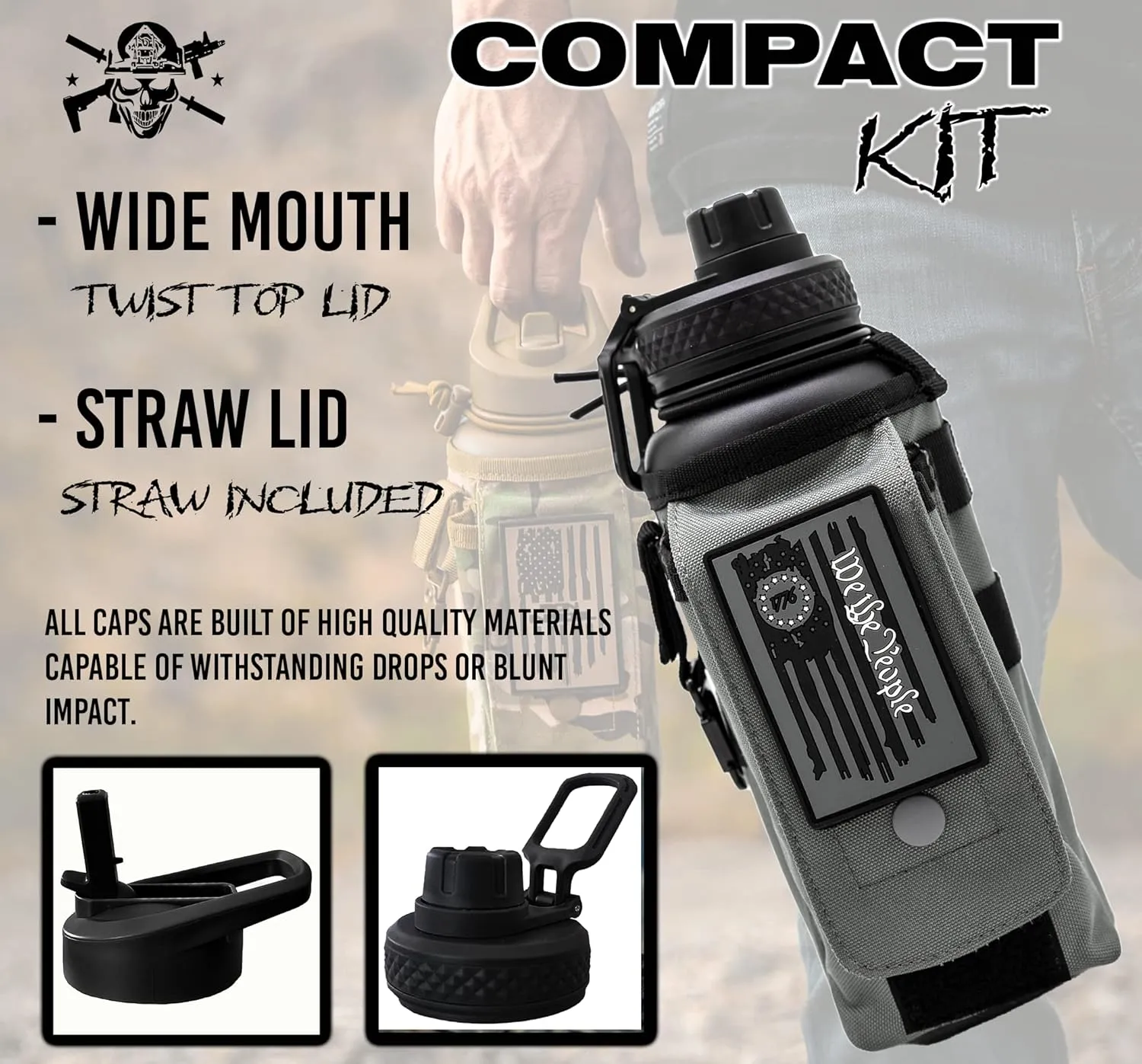Iron Infidel Battle Bottle - 32 Oz Insulated Water Bottle with Straw Lid & Chug Cap, Stainless Steel Metal Tactical Flask with Rugged, Removable Sleeve for Keys & Phone or Wallet (Betsy Ross 1 Liter)