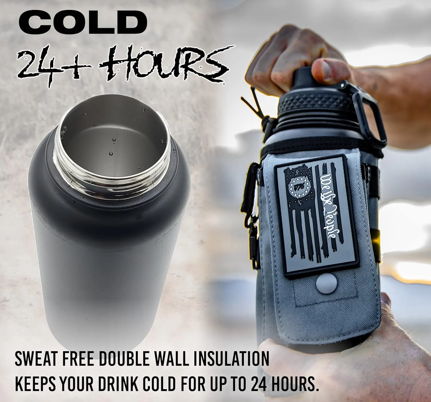Iron Infidel Battle Bottle - 32 Oz Insulated Water Bottle with Straw Lid & Chug Cap, Stainless Steel Metal Tactical Flask with Rugged, Removable Sleeve for Keys & Phone or Wallet (Betsy Ross 1 Liter)