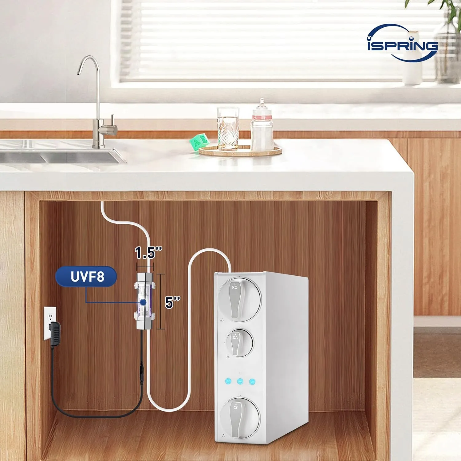 iSpring RO500AK-BN UVF8 Tankless Reverse Osmosis Water Filtration System with Natural pH Alkaline Remineralization and LED UVF8 Light, 500 GPD RO System, Brushed Nickel Faucet, 2:1 Pure to Drain Ratio