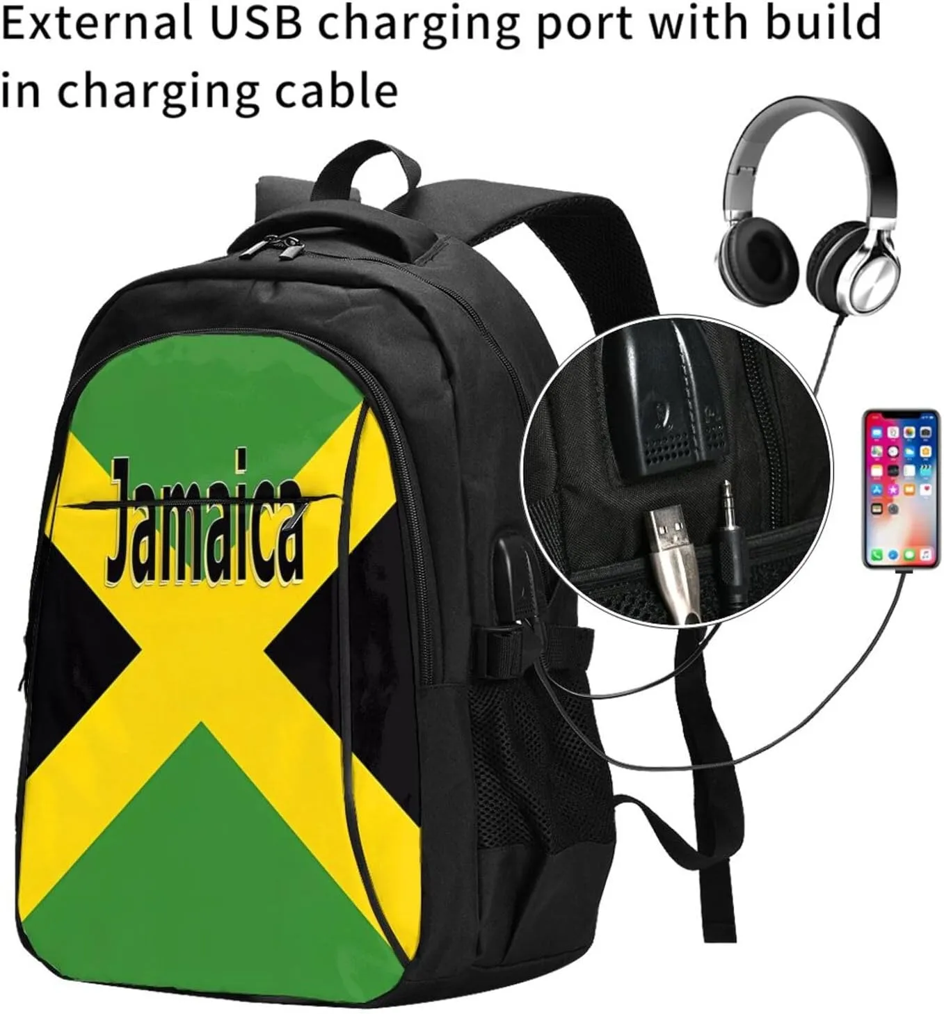 Jamaican Flag Casual Travel Backpacks Hiking Camping Backpack Large Outdoor Sport Daypack Laptop Rucksack Climbing Working Bags with USB Port
