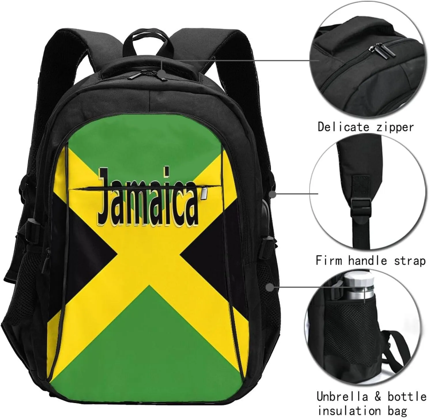 Jamaican Flag Casual Travel Backpacks Hiking Camping Backpack Large Outdoor Sport Daypack Laptop Rucksack Climbing Working Bags with USB Port