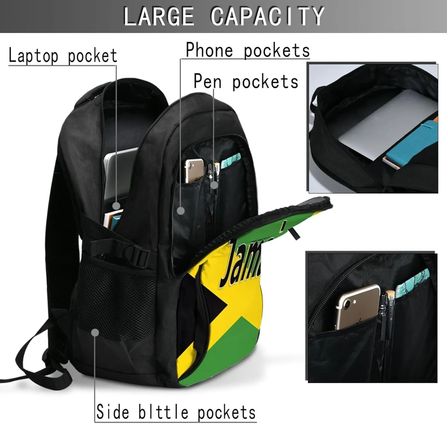 Jamaican Flag Casual Travel Backpacks Hiking Camping Backpack Large Outdoor Sport Daypack Laptop Rucksack Climbing Working Bags with USB Port