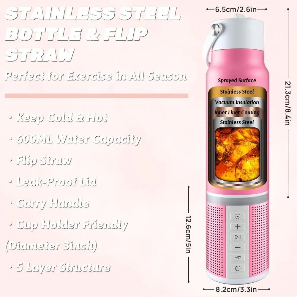 JBM Insulated Water Bottle with Bluetooth Speaker, Leak Proof Straw Lid, RGB LED Lights Stainless Steel Water Bottle for Sports (Pink)