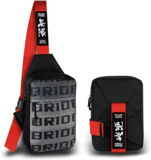 JDM Bride Racing Backpack Brown Bottom with Bride Adjustable Straps, Gradation Crossbody Shoulder Daypack (Mugen-Red Strap)