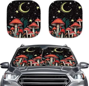 JEOCODY Forest Mushroom Windshield Sun Shade for Car, Automotive Windsheild Universal Fit 2 Pack, Painting Blocks Sun Glare UV and Heat, Protect Car Interior, Universal Fit