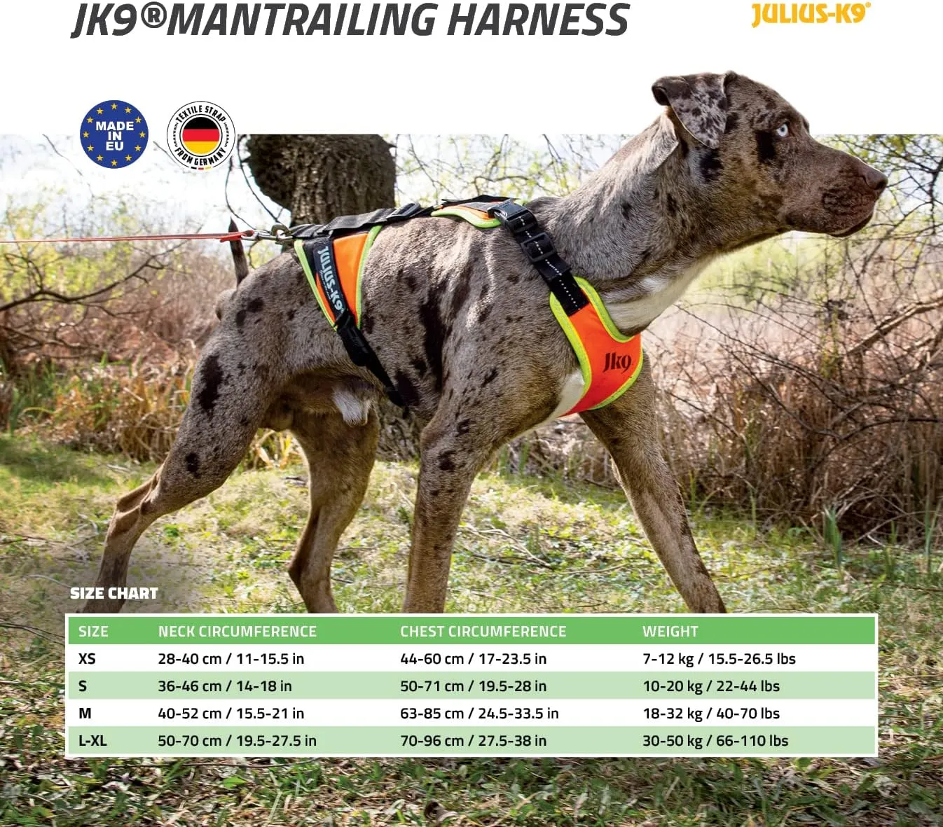 JK9 Mantrailing Harness, Size: M, UV Orange with neon Edge