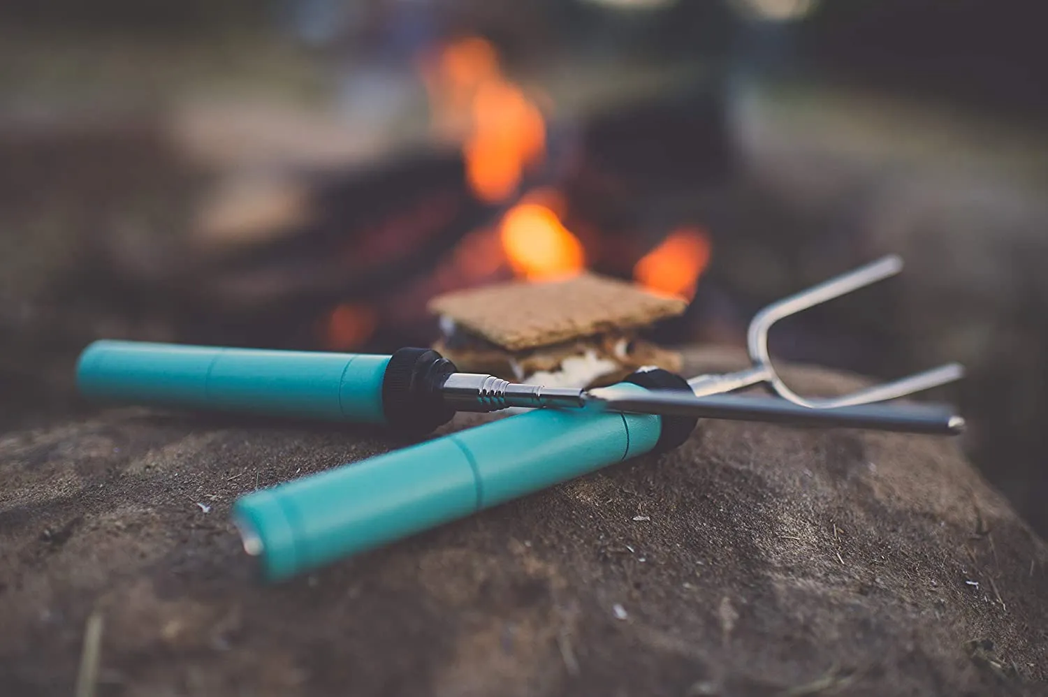 Jolly Green Products Rotating Marshmallow Roasting Sticks | Set of 5 Telescoping Forks - Free Bag | Safe, Fun Smores & Hot Dog Stainless Steel Long Camping Skewers | Campfire BBQ Cookware Accessories