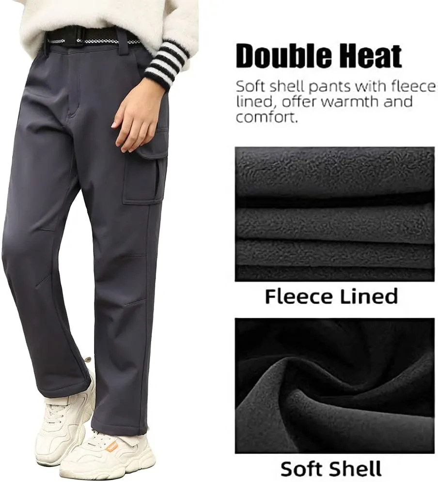 JOMLUN Boy's Hiking Pants Fleece Lined Cargo Snow Soft Shell Ski Waterproof Windproof Warm Outdoor Insulated Trousers Winter