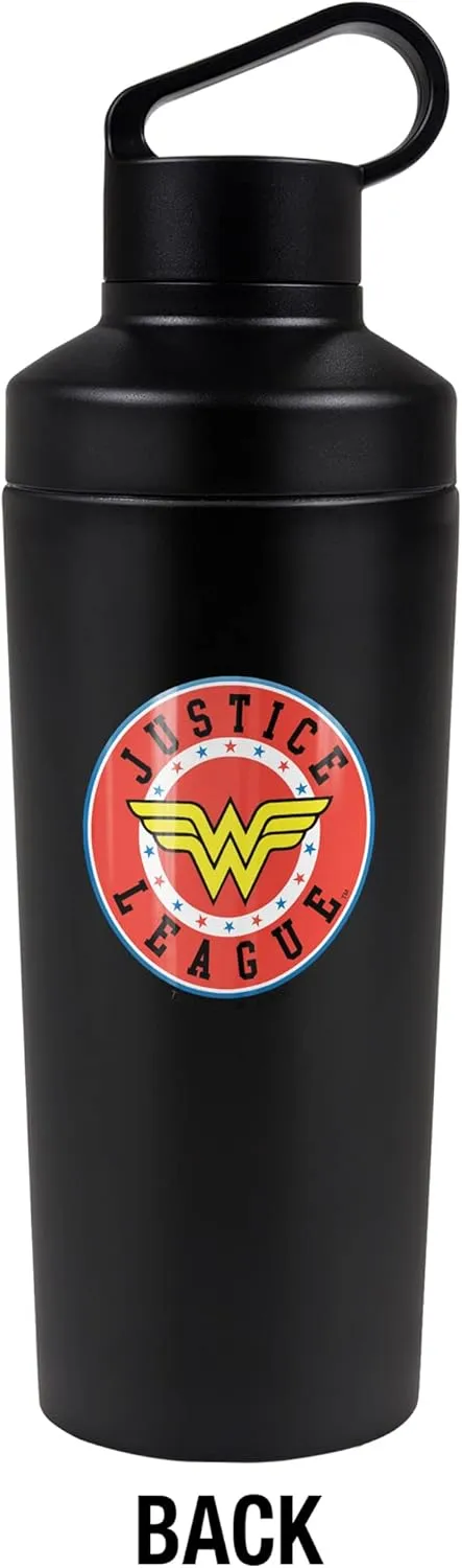 Justice League OFFICIAL Athletic Wonder Woman Justice League Logo 18 oz Insulated Water Bottle, Leak Resistant, Vacuum Insulated Stainless Steel with 2-in-1 Loop Cap