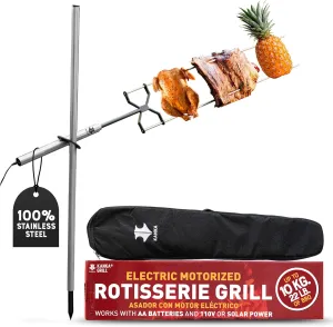 KANKA Rotisserie Grill - Heavy Duty Electric Rotisserie Kit for Home & Campfire Rotisserie - Motor Works on 110-240v, AA Batteries or Solar* - Stainless Steel, 22 LB Capacity - Includes Carrying Bag