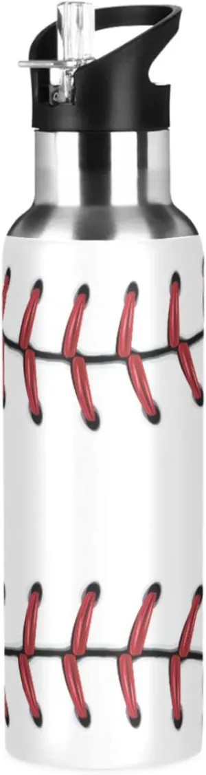 Kcldeci Baseball Pattern Sports Water Bottle 20 Oz Straw Lid Leak Proof Vacuum Insulated Stainless Steel Water Bottles Hot Cold Double Walled Thermo Mug Tumbler Travel Cup