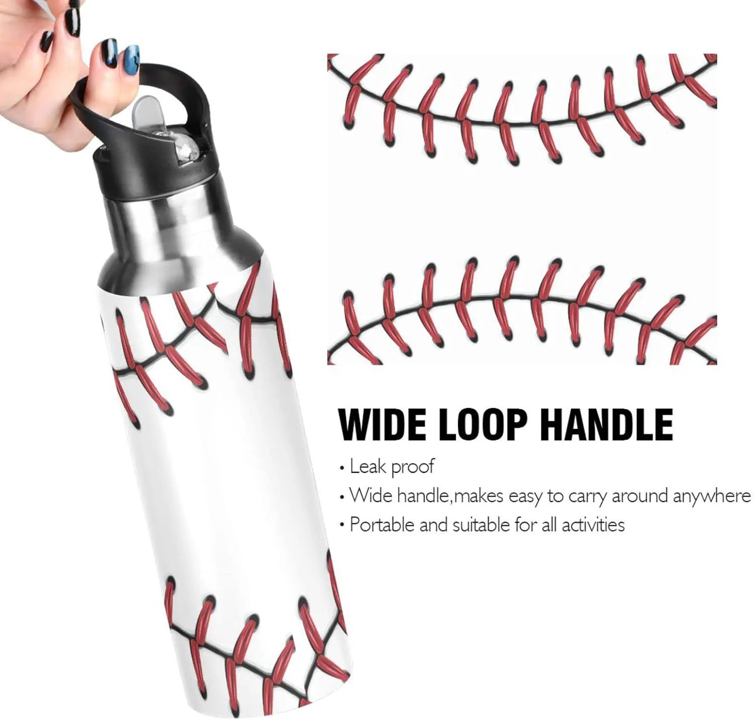 Kcldeci Baseball Pattern Sports Water Bottle 20 Oz Straw Lid Leak Proof Vacuum Insulated Stainless Steel Water Bottles Hot Cold Double Walled Thermo Mug Tumbler Travel Cup