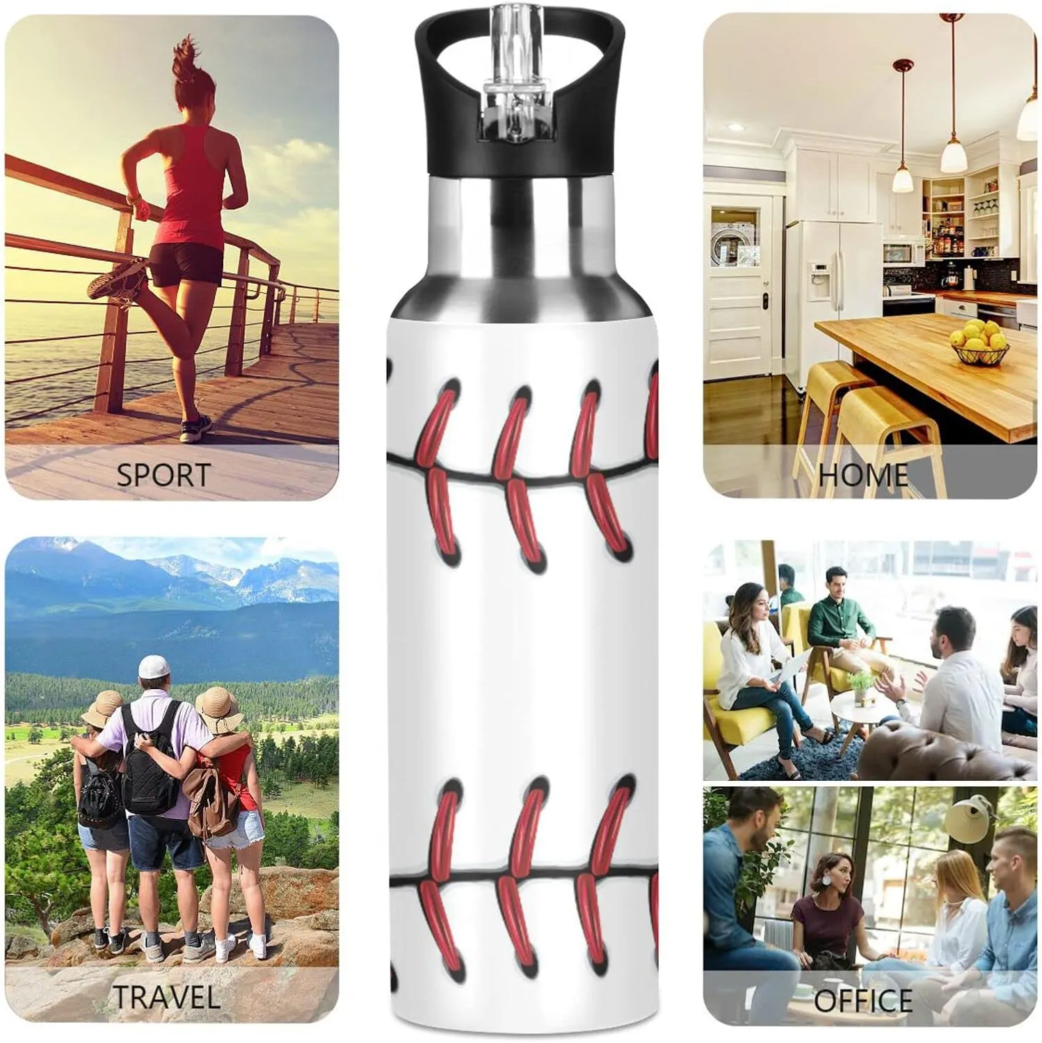 Kcldeci Baseball Pattern Sports Water Bottle 20 Oz Straw Lid Leak Proof Vacuum Insulated Stainless Steel Water Bottles Hot Cold Double Walled Thermo Mug Tumbler Travel Cup