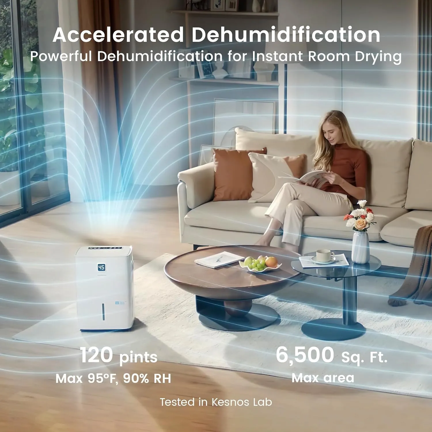 Kesnos 120 Pints Energy Star Dehumidifier for Home & Basement with Drain Hose, Front LED Display and 1.06 Gal Water Tank, Ideal for Spaces up to 6,500 Sq. Ft., Featuring Auto Defrost & Timer Function