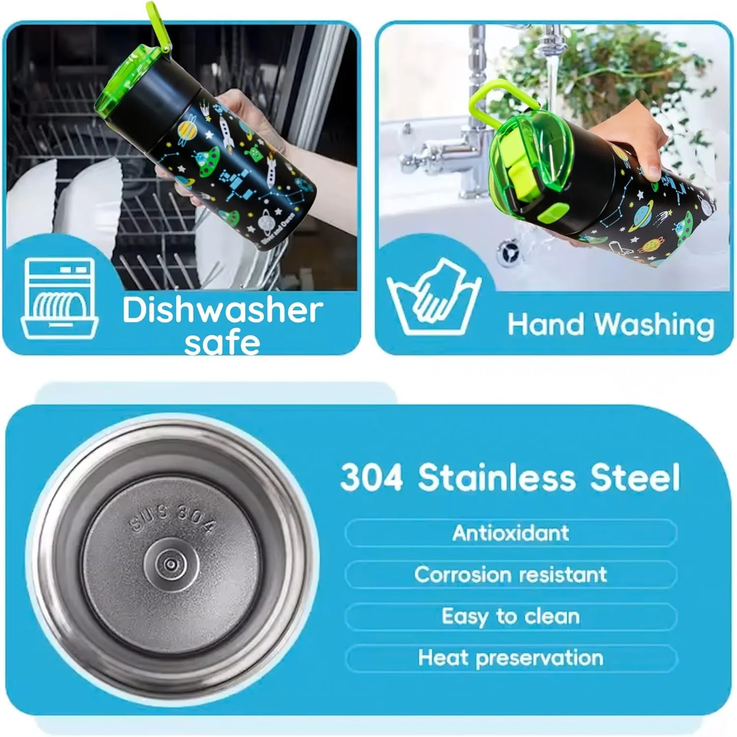 Kids insulated water bottle with straw and snack cup. Double wall stainless steel 14oz (blue and black astronaut)