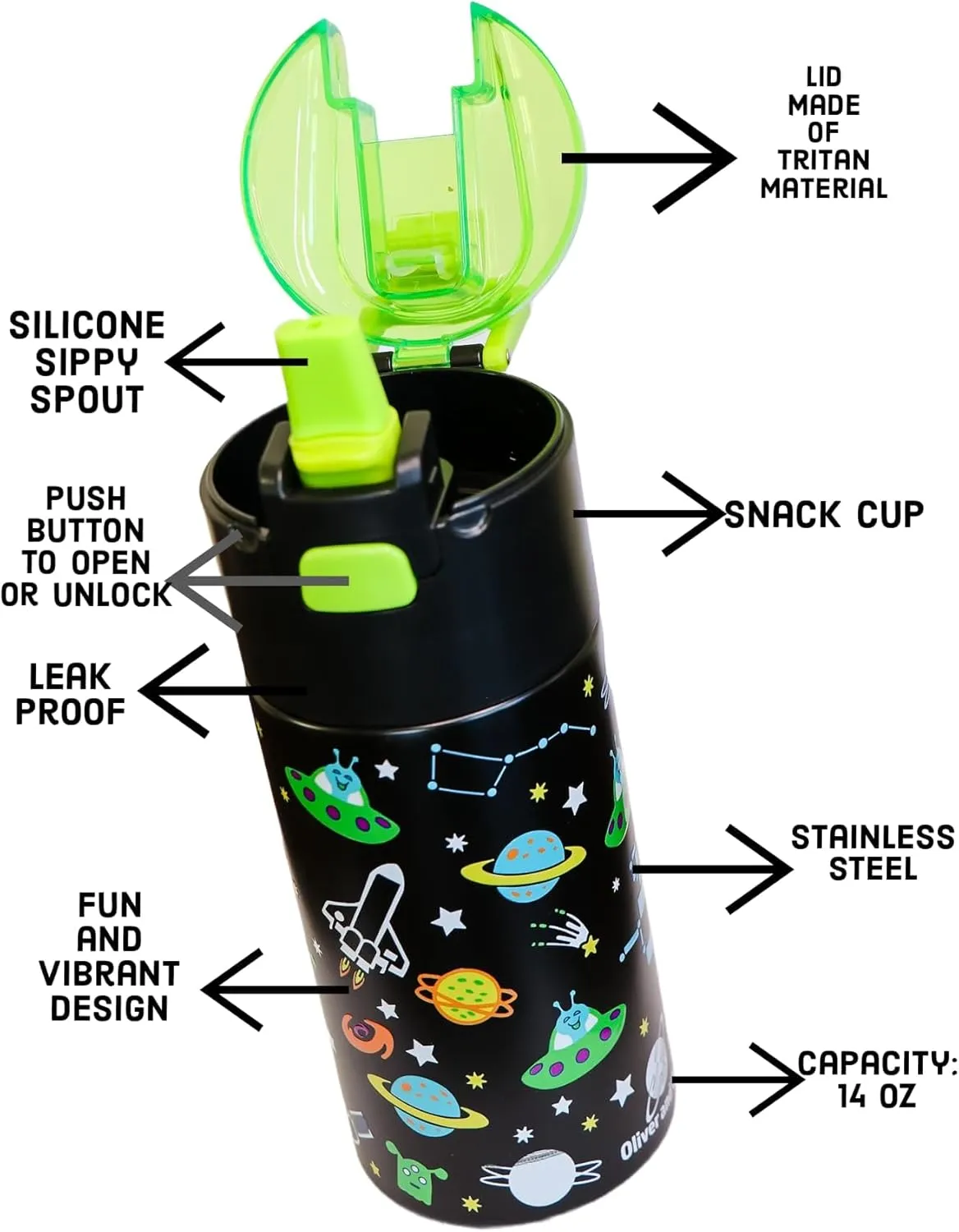 Kids insulated water bottle with straw and snack cup. Double wall stainless steel 14oz (blue and black astronaut)