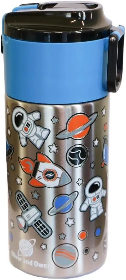 Kids insulated water bottle with straw and snack cup. Double wall stainless steel 14oz (blue and black astronaut)