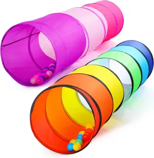 Kids Play Tunnel Tent for Toddler, 2 Pack 6-ft Pop Up Crawl Tunnel Toy for Baby Children or Dog Cat, Collapsible Gift for Boy and Girl Play Tunnel Indoor Outdoor Game (Rainbow Tunnel Pink Tunnel)