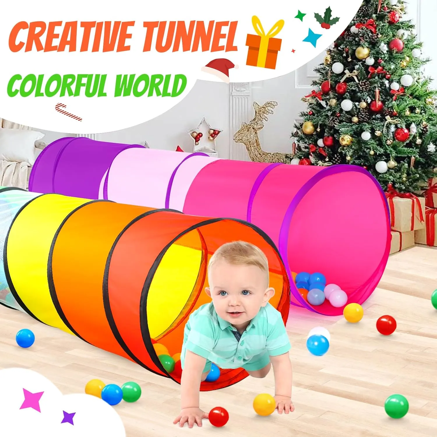 Kids Play Tunnel Tent for Toddler, 2 Pack 6-ft Pop Up Crawl Tunnel Toy for Baby Children or Dog Cat, Collapsible Gift for Boy and Girl Play Tunnel Indoor Outdoor Game (Rainbow Tunnel Pink Tunnel)