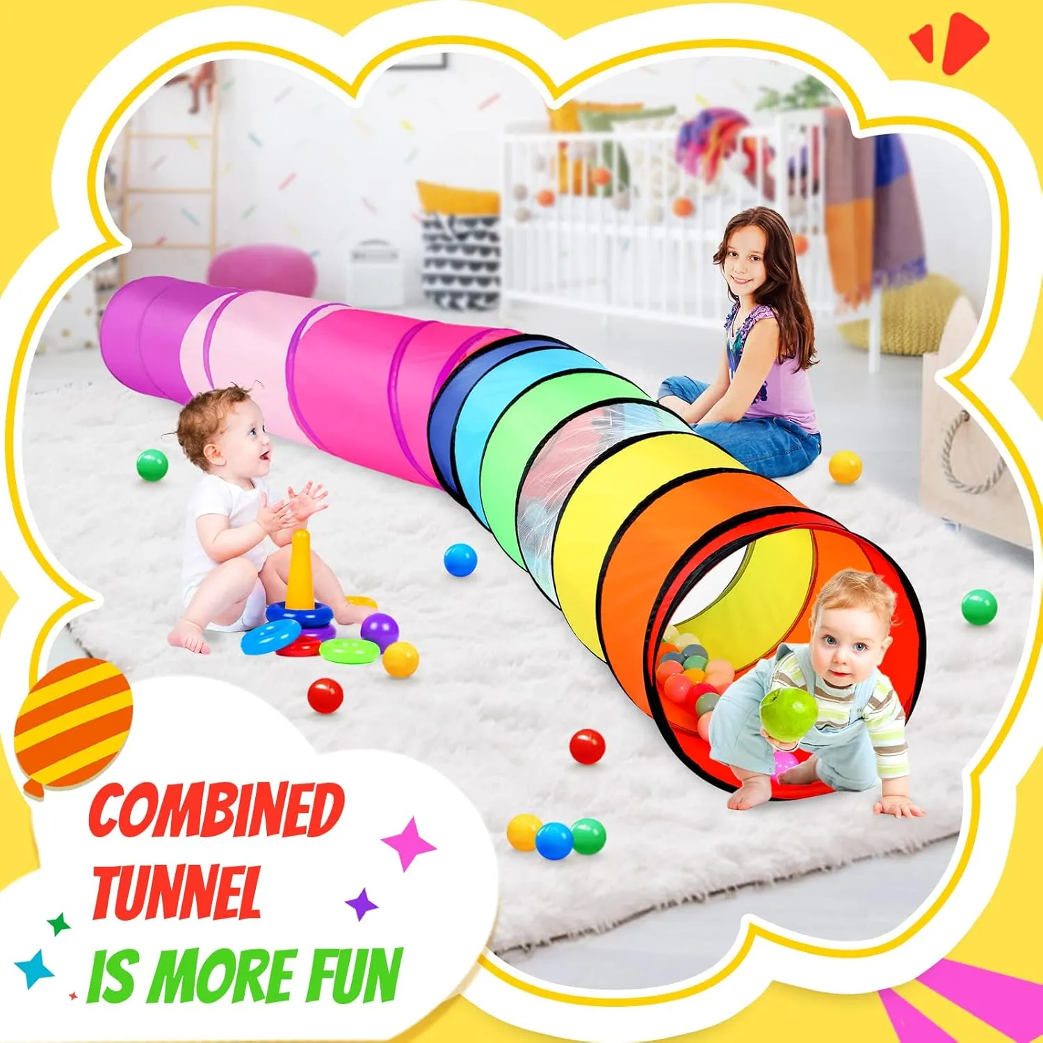 Kids Play Tunnel Tent for Toddler, 2 Pack 6-ft Pop Up Crawl Tunnel Toy for Baby Children or Dog Cat, Collapsible Gift for Boy and Girl Play Tunnel Indoor Outdoor Game (Rainbow Tunnel Pink Tunnel)