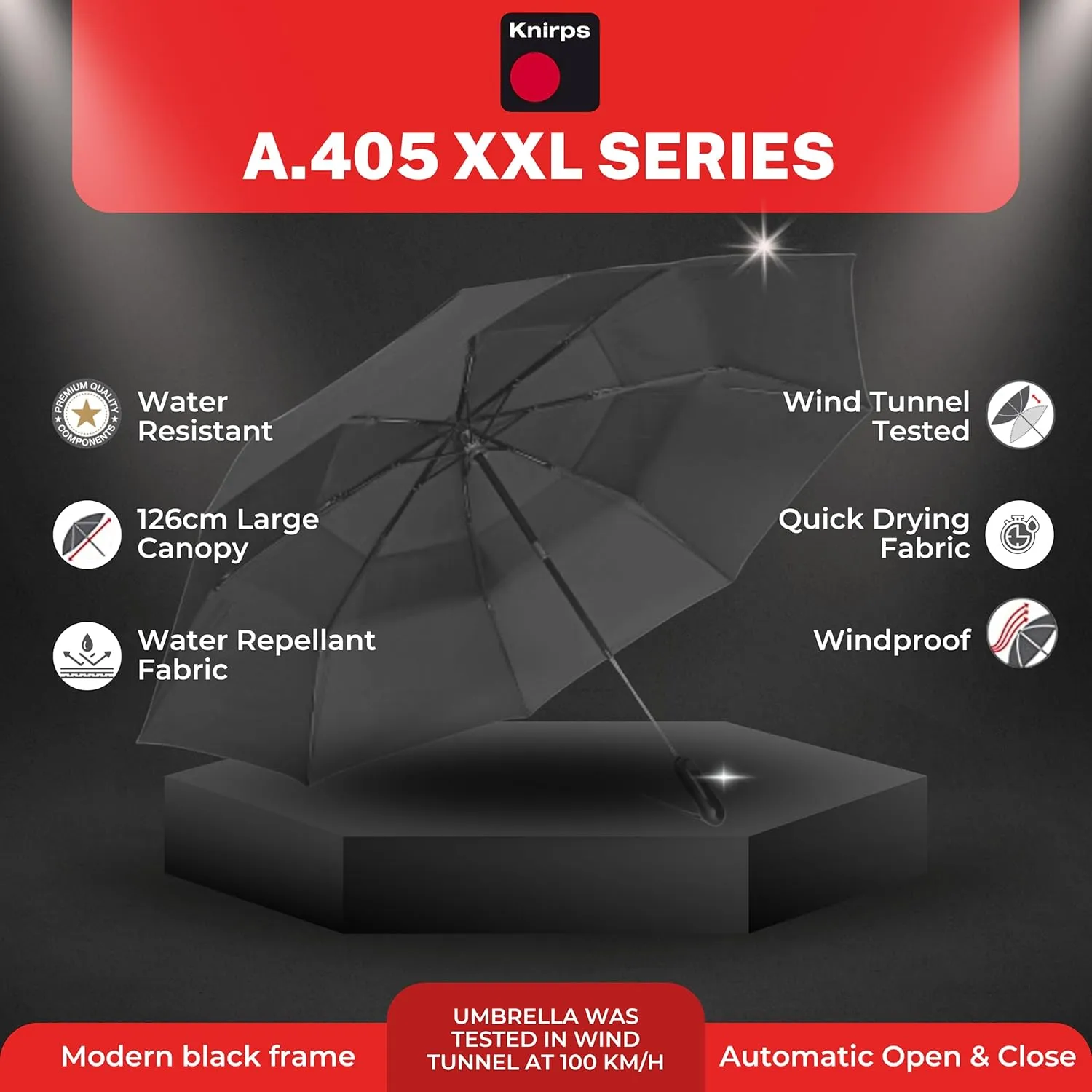 Knirps A.405 XXL Duomatic Vented Automatic Open Close Rain Umbrella - Compact Windproof Travel Umbrella for Adults - 126cm Diameter Retractable