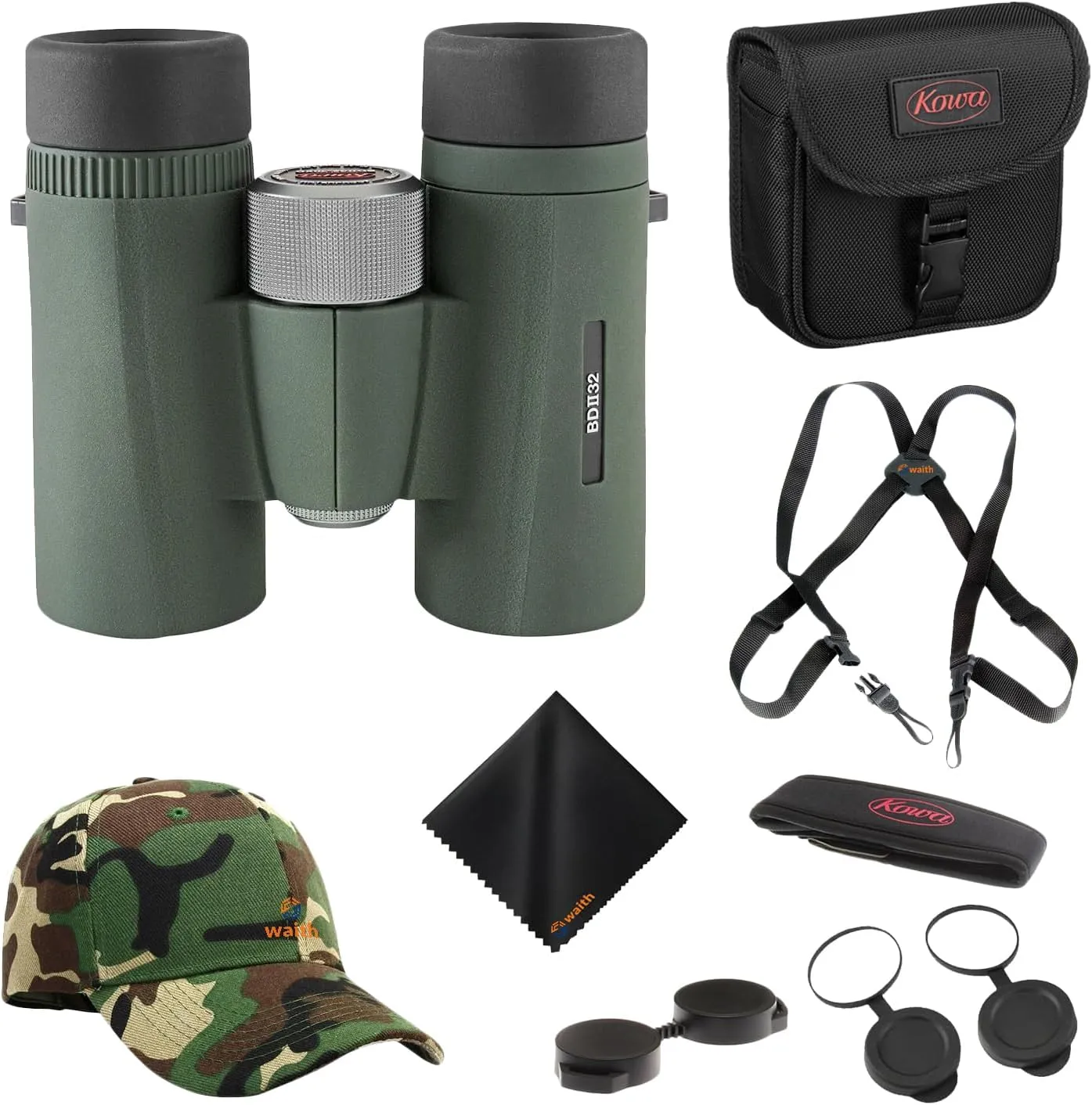 Kowa BD II XD 8x32mm PROMINAR Roof Prism Binoculars for Bird Watching, Hiking with Waith Adjustable Baseball Hat (Camo),Waith Binocular Harness Strap and Waith Microfiber Cleaning Cloth (Bundle Kit)