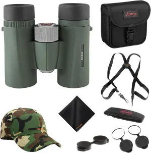 Kowa BD II XD 8x32mm PROMINAR Roof Prism Binoculars for Bird Watching, Hiking with Waith Adjustable Baseball Hat (Camo),Waith Binocular Harness Strap and Waith Microfiber Cleaning Cloth (Bundle Kit)