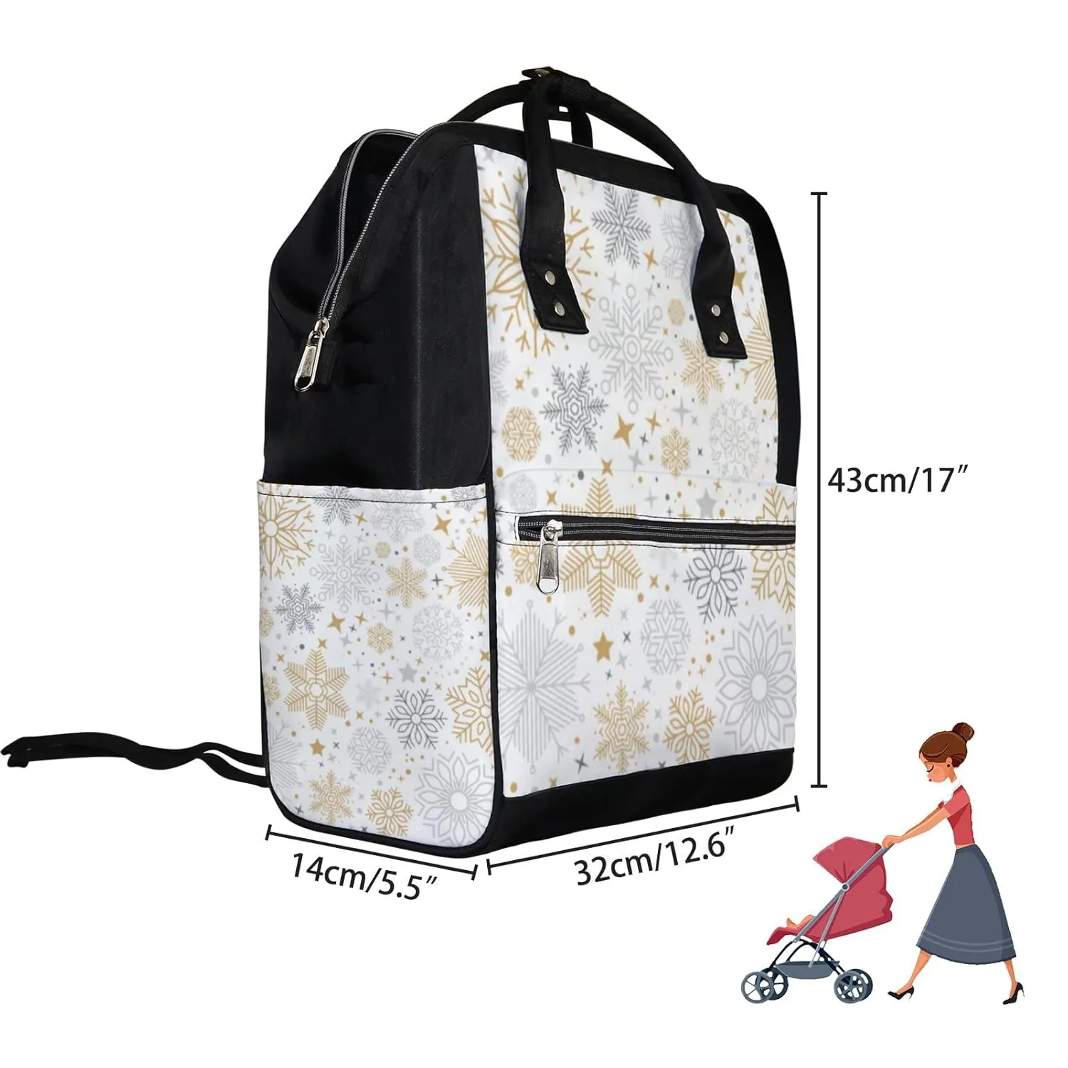 Kuizee Diaper Bag Backpack Multifunction Bag Simple Christmas Snowflake Elements Mutispandex Big Capacity Casual Daypack Mummy Bag Maternity Bag 17 Inch