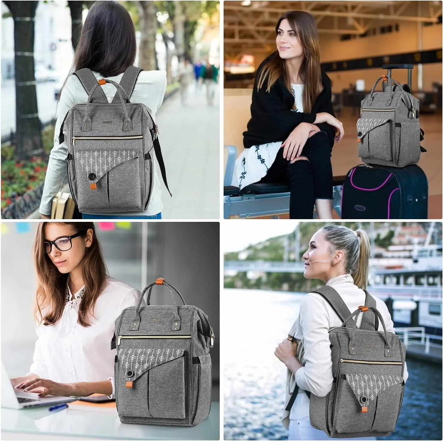 Laptop Backpack for Women, Travel School Backpack With USB Charging Port, Water Resistant Computer Bag Work Purse, Casual Daypack for Girls, Teacher Nurse Backpack, Gift for Women