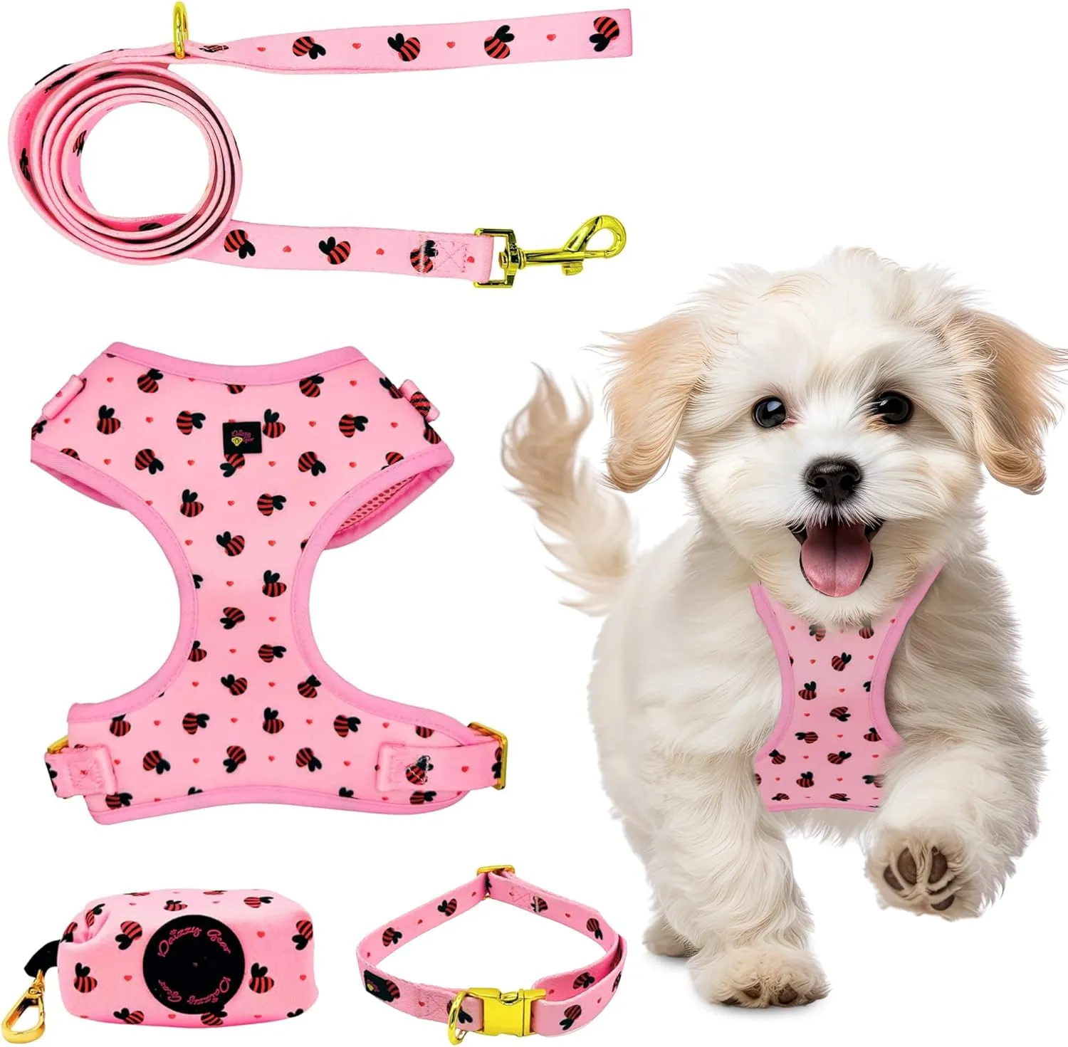Large Dog Harness Set – No Pull Step-in Harness, Leash, Adjustable Collar & Poop Bag Holder – Soft Matching Set for Dogs 24–60 lbs – Pink with Premium Accessories