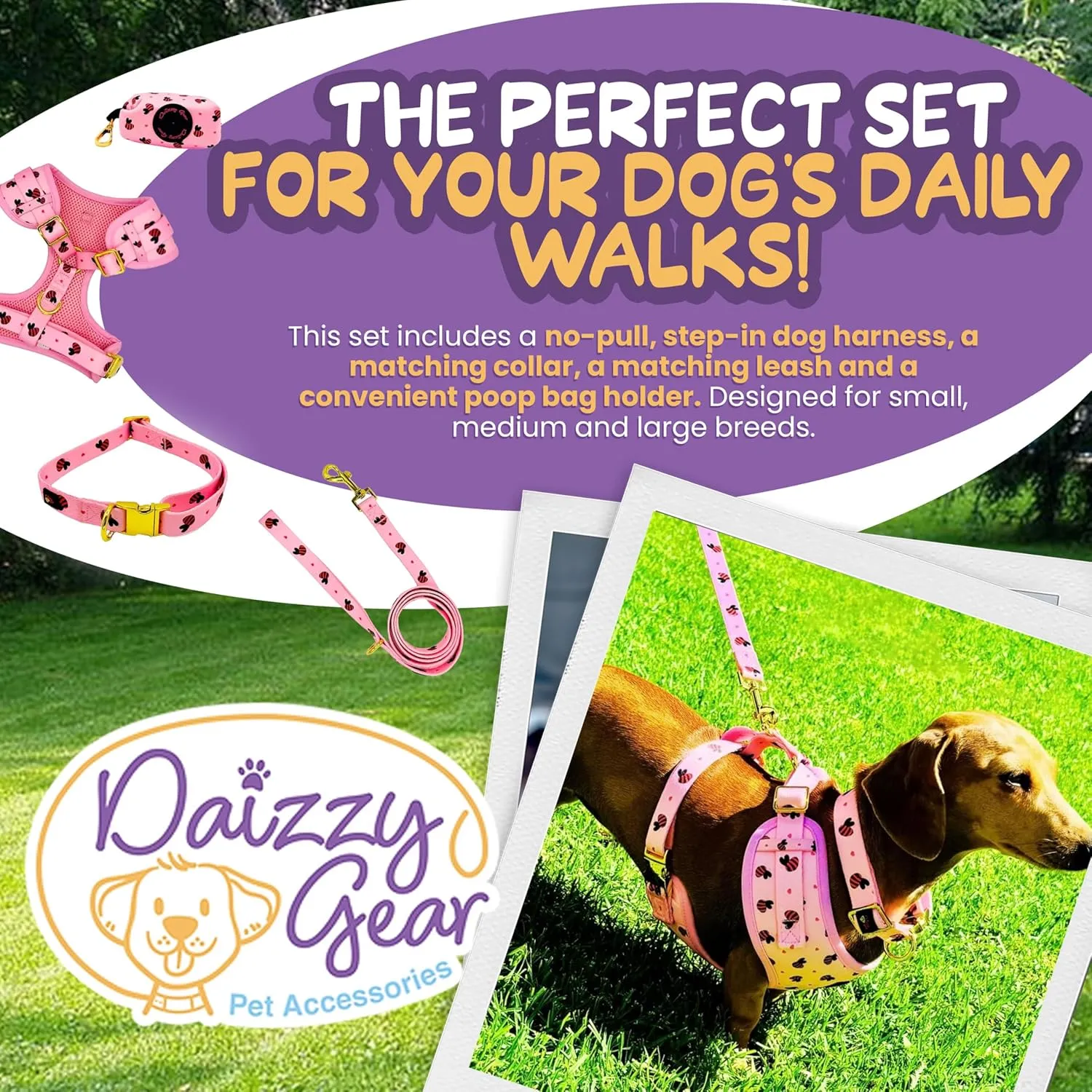 Large Dog Harness Set – No Pull Step-in Harness, Leash, Adjustable Collar & Poop Bag Holder – Soft Matching Set for Dogs 24–60 lbs – Pink with Premium Accessories