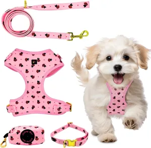 Large Dog Harness Set – No Pull Step-in Harness, Leash, Adjustable Collar & Poop Bag Holder – Soft Matching Set for Dogs 24–60 lbs – Pink with Premium Accessories
