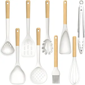 Large Silicone Cooking Utensils Set - Heat Resistant Silicone Kitchen Utensils for Cooking w Wooden Handles, Spatula Set, Kitchen Utensil Gadgets Sets for Non-Stick Cookware, BPA Free (Warm White)