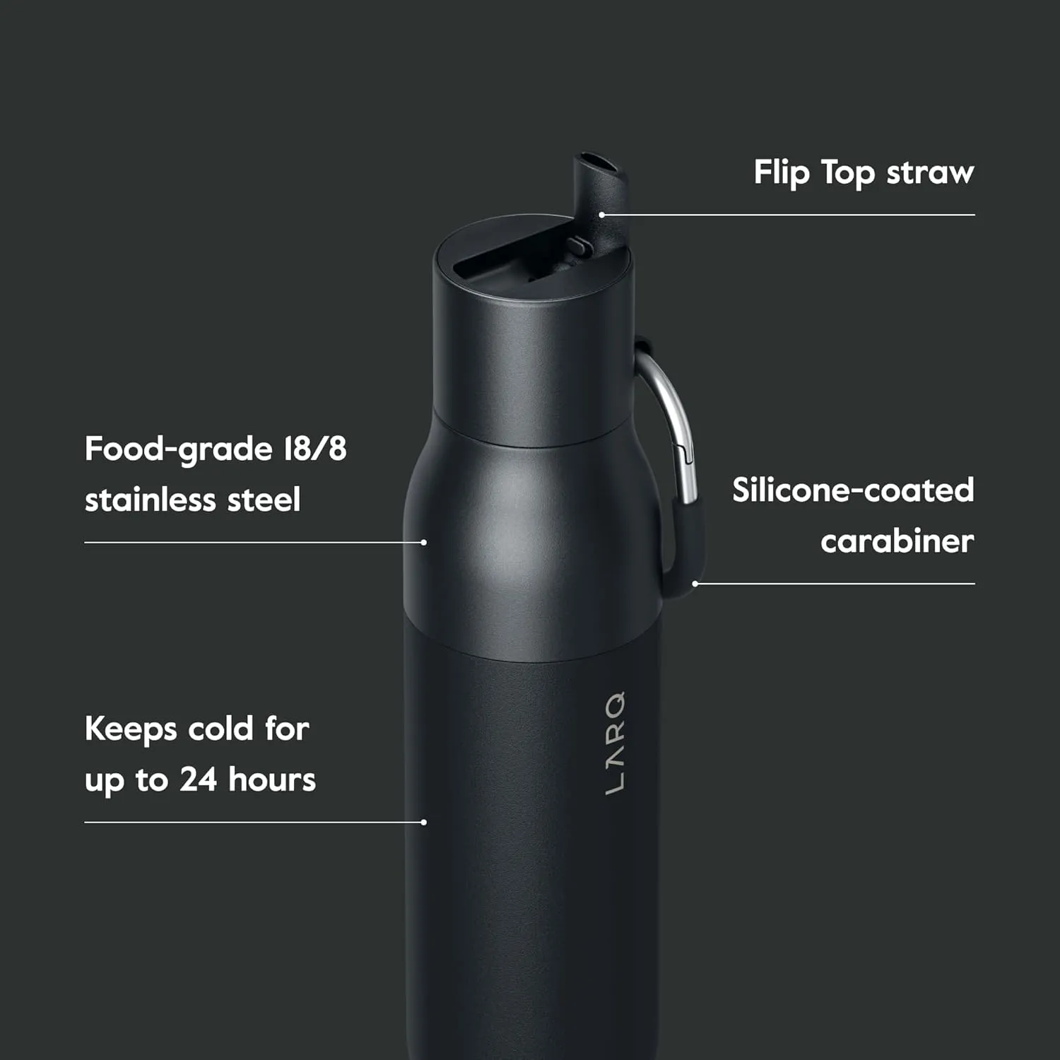 LARQ Bottle Flip Top 25 oz - Insulated Reusable Stainless Steel Water Bottle With Straw | Thermos, BPA Free | For Sports, Gym, and Travel | Keep Drinks Cold for 24 Hours | Obsidian Black