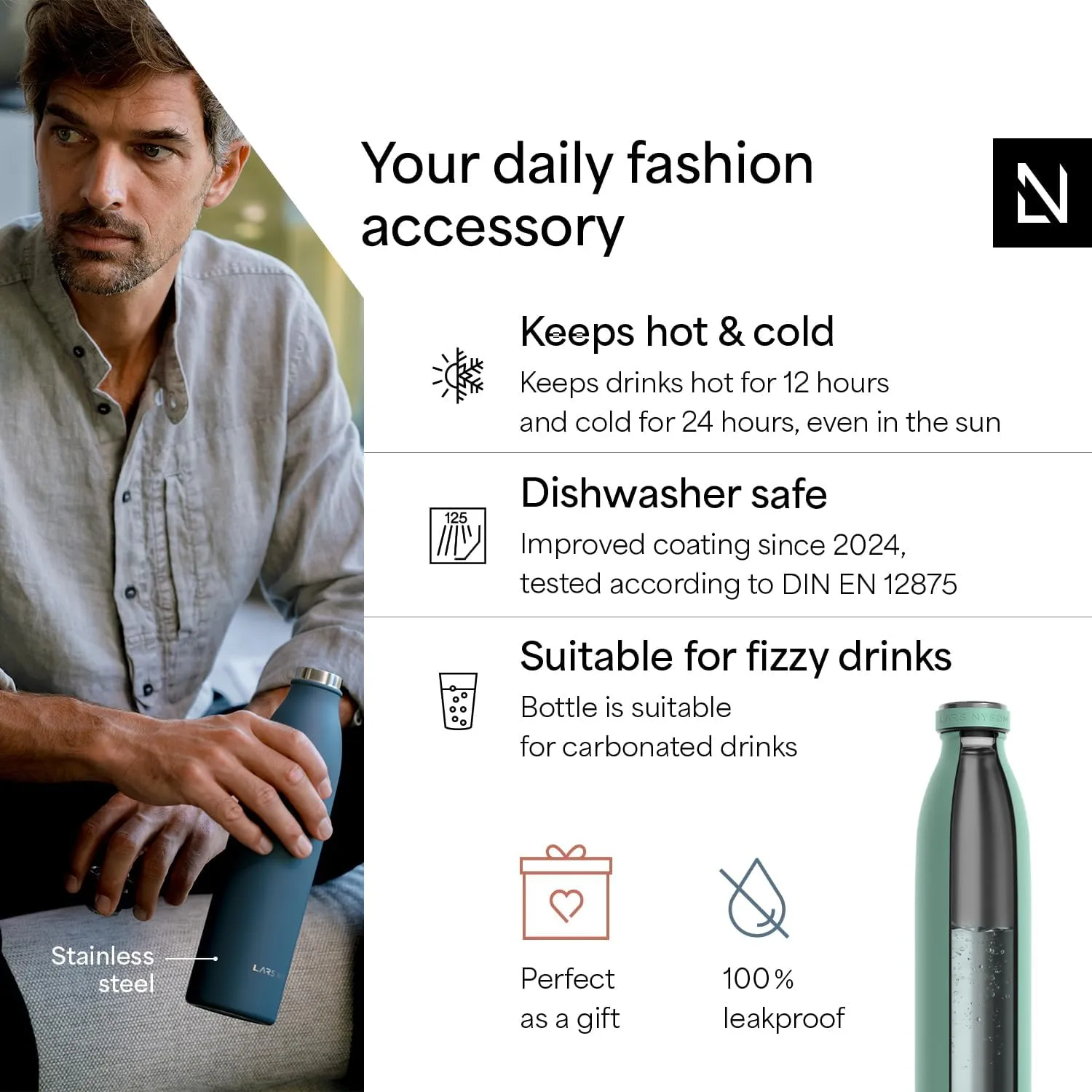LARS NYSØM Stainless Steel Insulated Water Bottle 12 oz 17 oz 25 oz 34 oz 51 oz | Insulated Thermo Flask for Hot and Cold Beverages | Leakproof Drinking Bottle (Aqua Turquoise, 25.4 oz)
