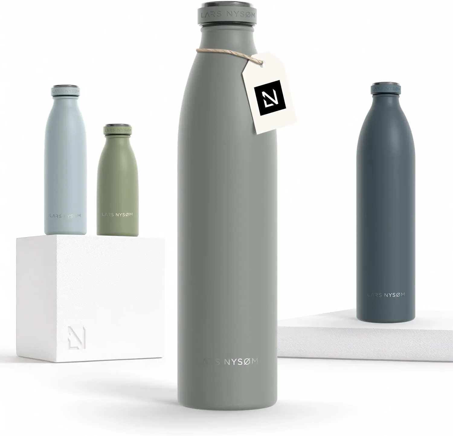 LARS NYSØM Stainless Steel Insulated Water Bottle 12 oz 17 oz 25 oz 34 oz 51 oz | Insulated Thermo Flask for Hot and Cold Beverages | Leakproof Drinking Bottle (Ash Gray, 33.8 oz)