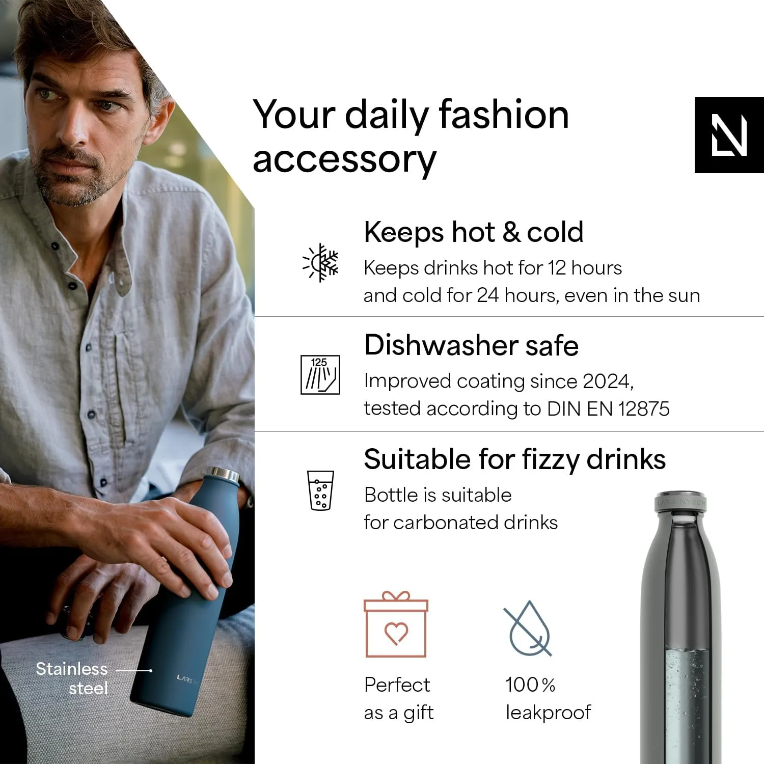 LARS NYSØM Stainless Steel Insulated Water Bottle 12 oz 17 oz 25 oz 34 oz 51 oz | Insulated Thermo Flask for Hot and Cold Beverages | Leakproof Drinking Bottle (Ash Gray, 33.8 oz)