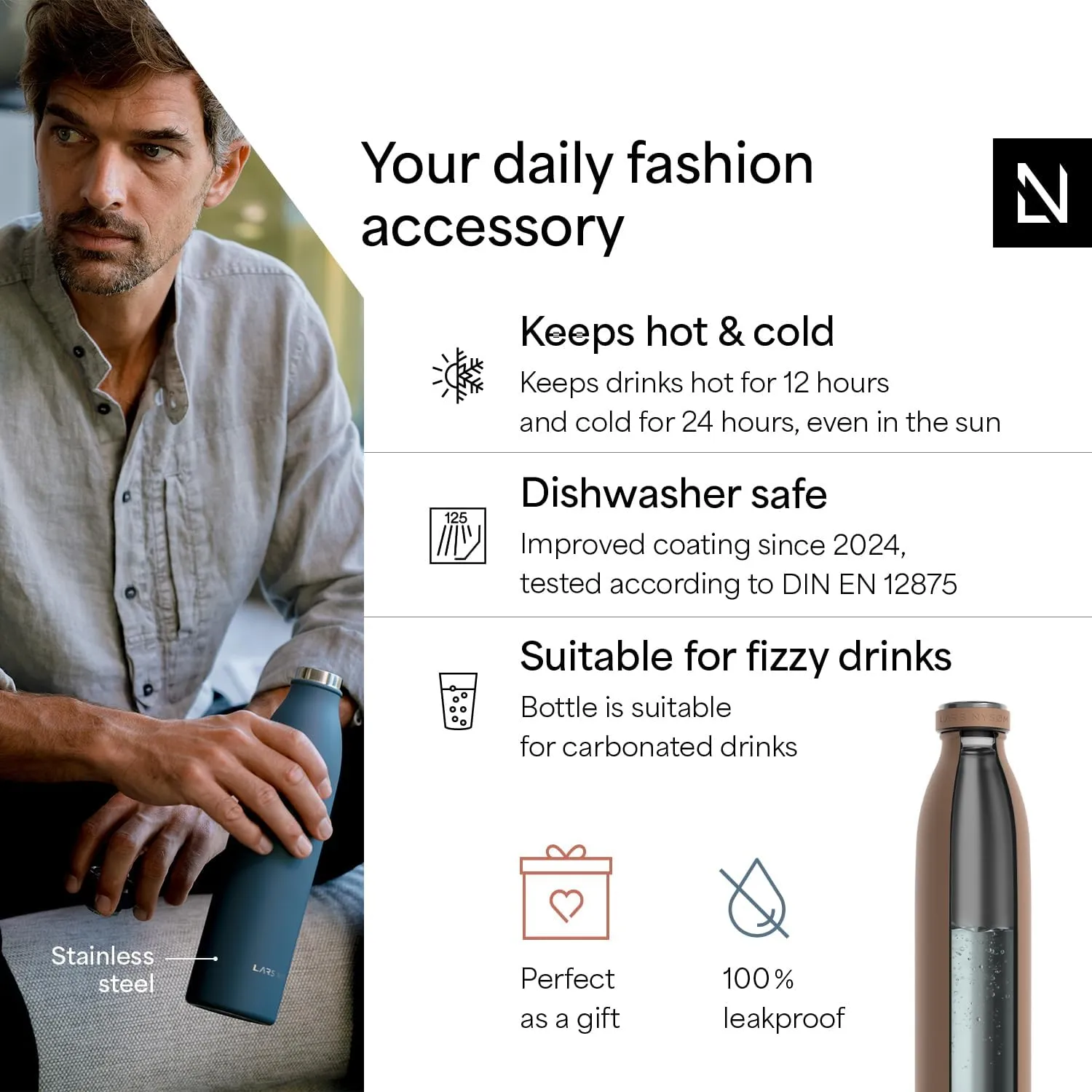 LARS NYSØM Stainless Steel Insulated Water Bottle 12 oz 17 oz 25 oz 34 oz 51 oz | Insulated Thermo Flask for Hot and Cold Beverages | Leakproof Drinking Bottle (Mocha Brown, 25.4 oz)