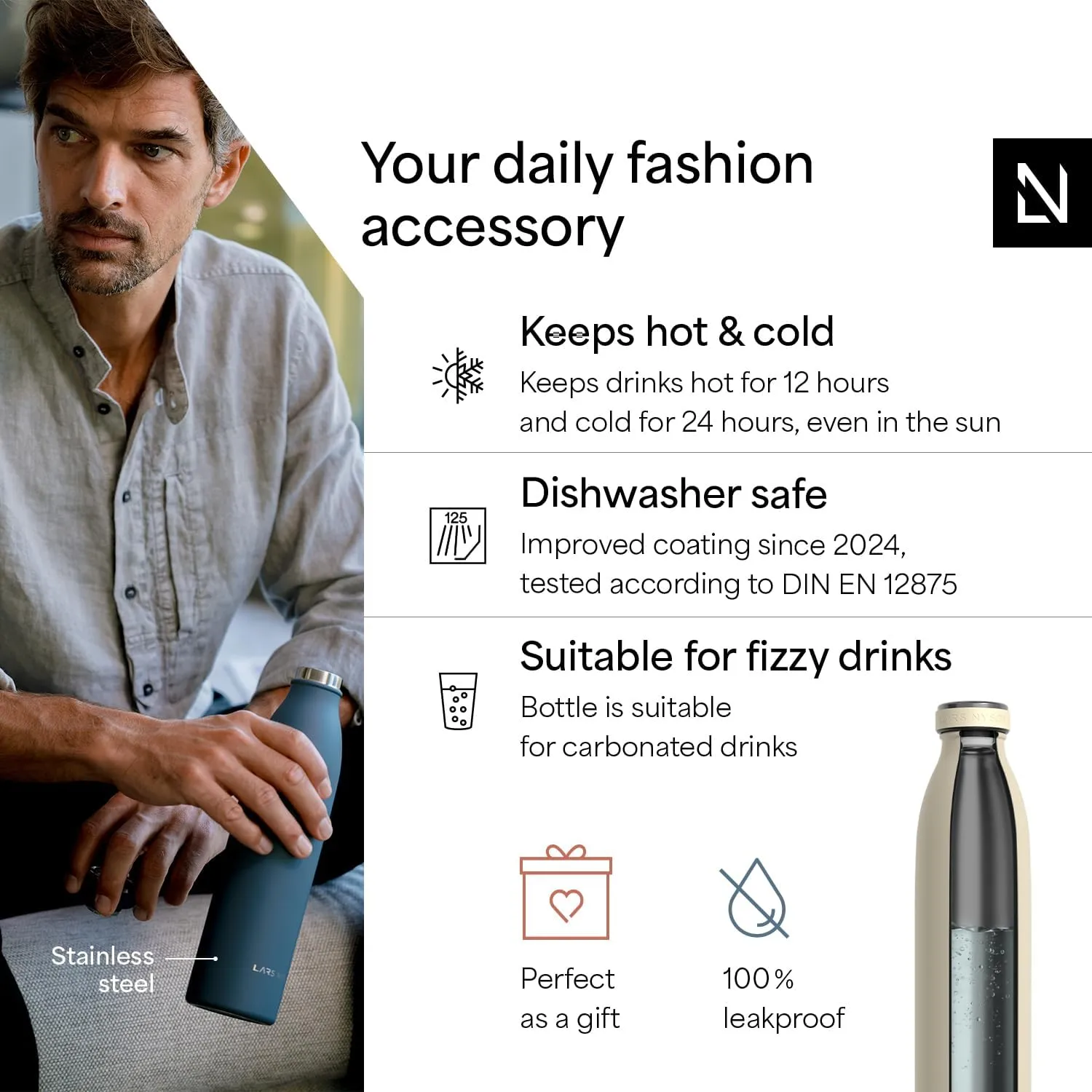 LARS NYSØM Stainless Steel Insulated Water Bottle 12oz 17oz 25oz 34oz 51oz | Insulated Thermo Flask for Hot and Cold Beverages | Leakproof Drinking Bottle (Almond Beige, 17oz)