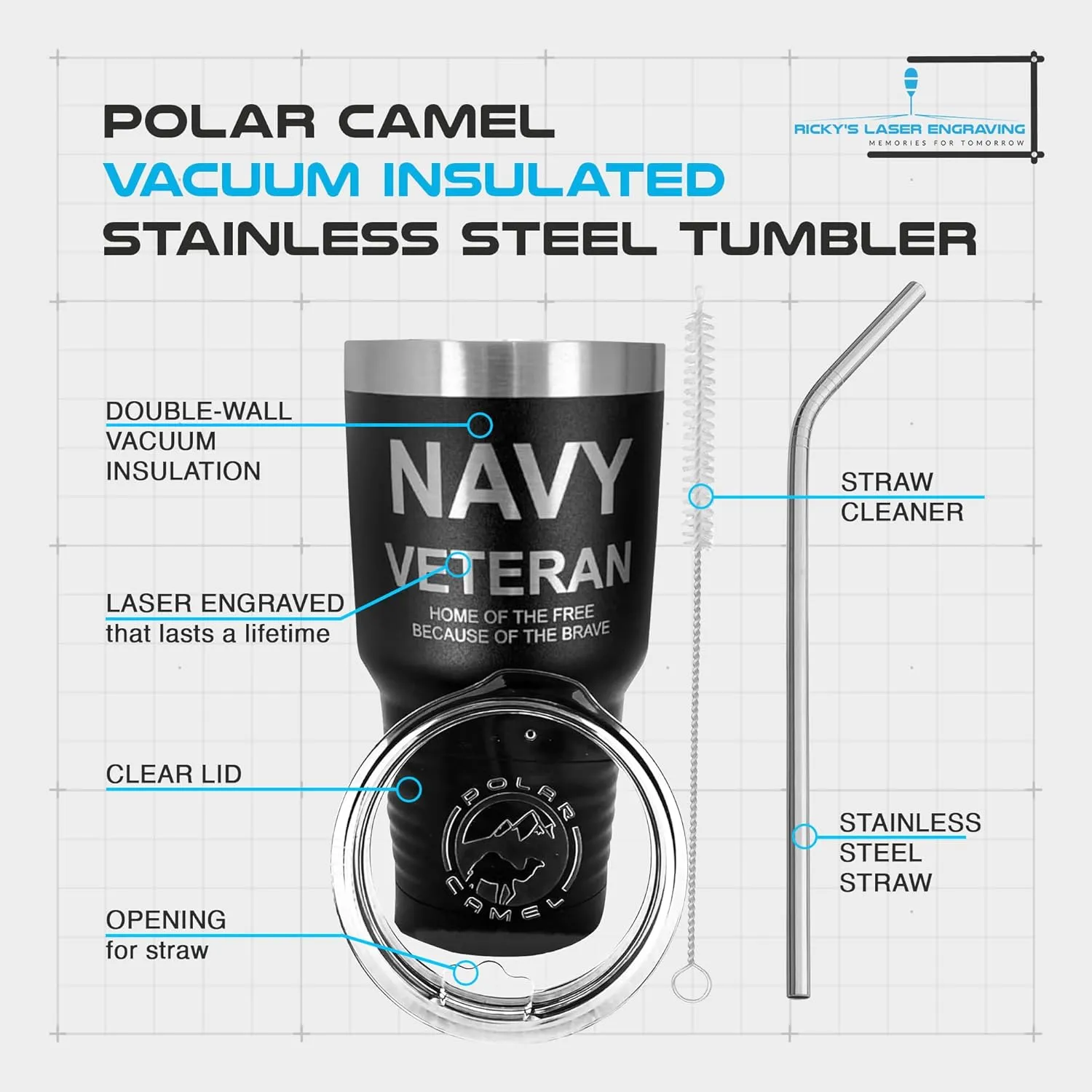 Laser Engraved Navy Tumbler - Polar Camel 30 Oz Veteran Tumbler with Stainless Steel Straw & Cleaner, Navy Tumblers for Men Engraved, Military Gift for Retirees, Veterans Water Bottle for Men & Women