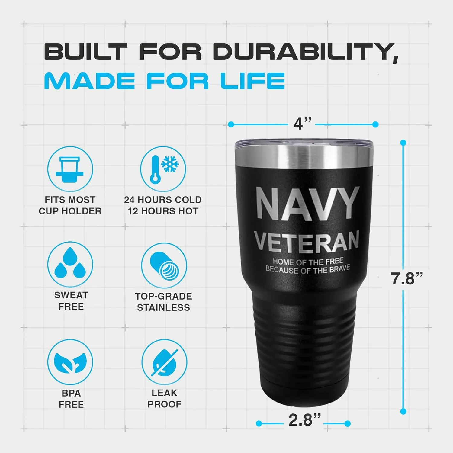Laser Engraved Navy Tumbler - Polar Camel 30 Oz Veteran Tumbler with Stainless Steel Straw & Cleaner, Navy Tumblers for Men Engraved, Military Gift for Retirees, Veterans Water Bottle for Men & Women