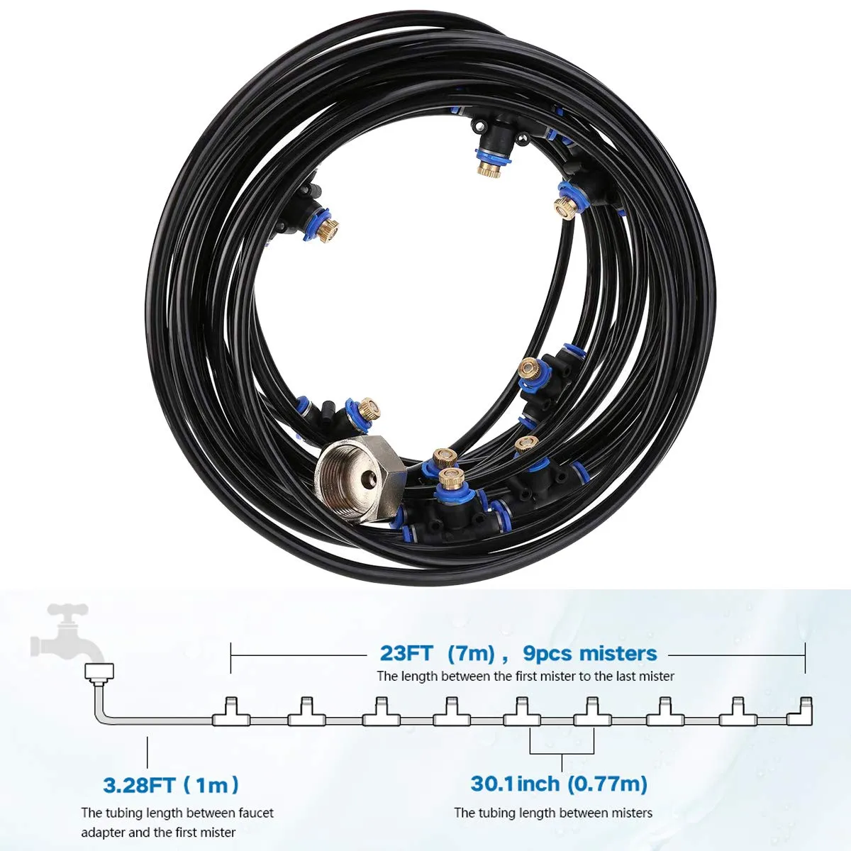 LAVAED 26.2FT Outdoor Misting Cooling System,Irrigation Sprinkle System with 9pcs Misting Nozzles  a Brass Adapter(3/4) for Yard,Patio Garden Greenhouse,Trampoline Water Park
