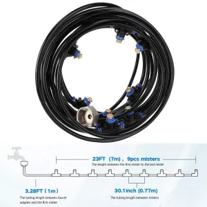 LAVAED 26.2FT Outdoor Misting Cooling System,Irrigation Sprinkle System with 9pcs Misting Nozzles  a Brass Adapter(3/4) for Yard,Patio Garden Greenhouse,Trampoline Water Park