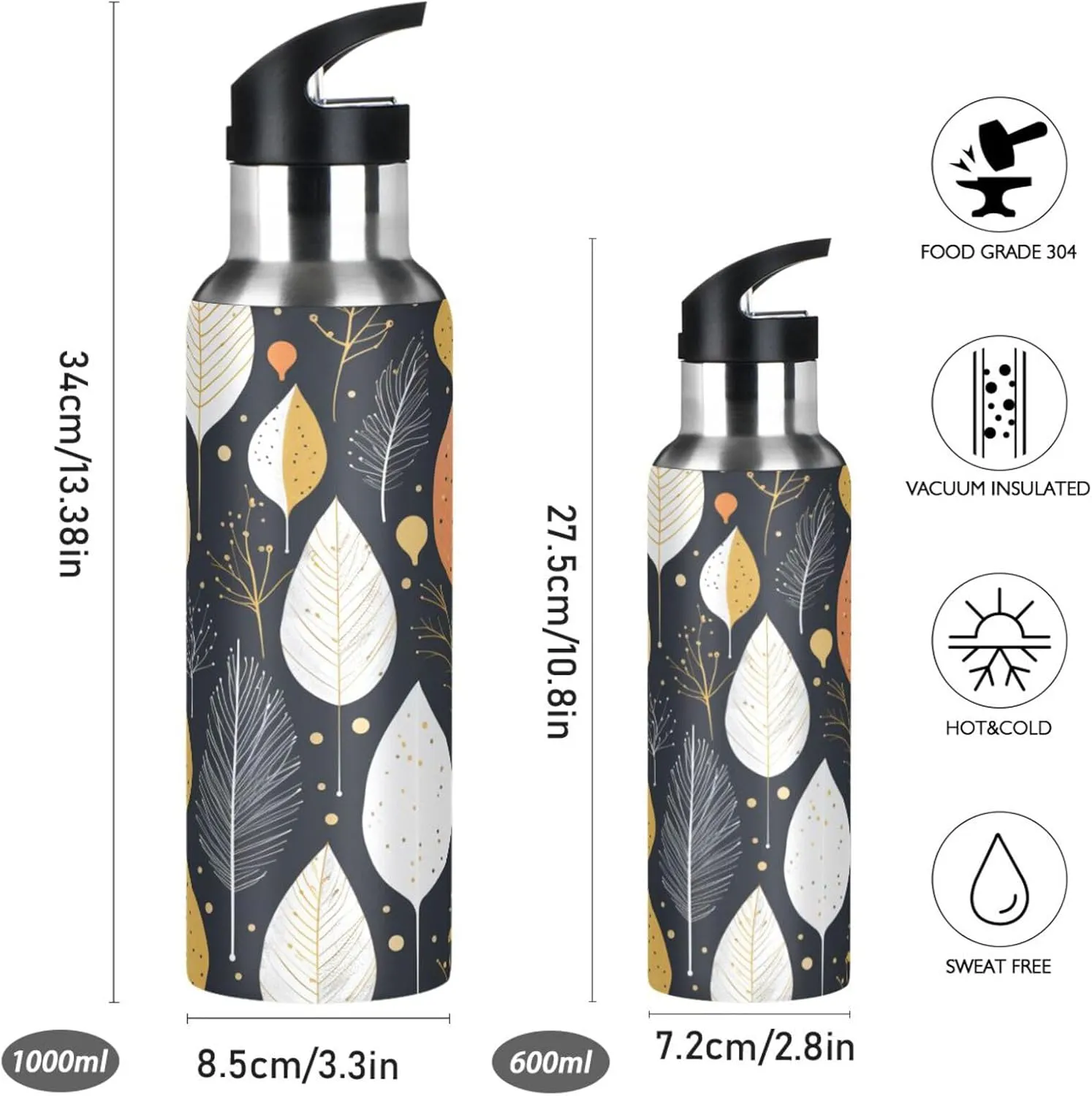 Leave Art Repeating Pattern Sport Water Bottle Insulated Stainless Steel Large Vacuum Flask Leak Proof Thermos with Straw for Travel(600ml/1000ml)