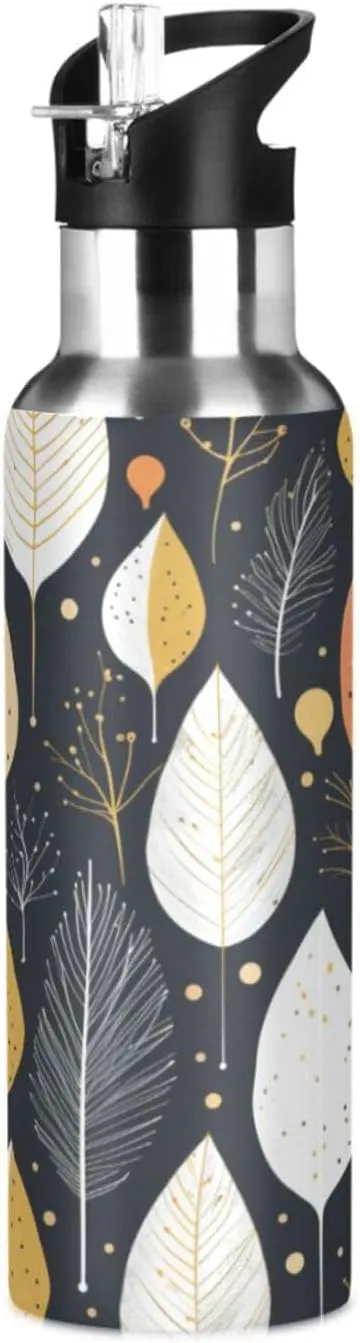 Leave Art Repeating Pattern Sport Water Bottle Insulated Stainless Steel Large Vacuum Flask Leak Proof Thermos with Straw for Travel(600ml/1000ml)