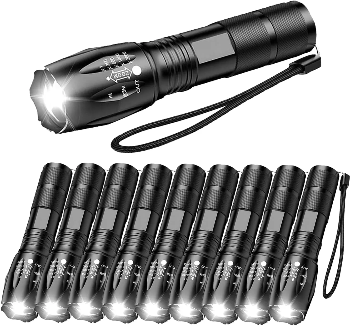 LED Flashlight High Lumens, Bright, Zoomable, Waterproof, Powerful, Emergency Tactical LED Flashlights for Home and 5 Modes, Flashlight for Camping Gear、Hiking、Walking (10Pack)