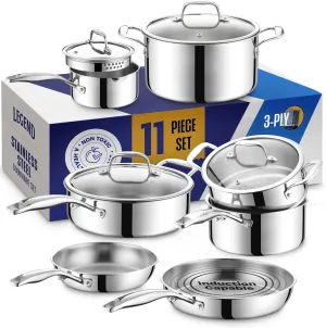 LEGEND COOKWARE 3 Ply Stainless Steel Pots and Pans Set | 11-Piece w/Glass Lids, Non-Toxic, Induction, Oven Safe | Best 18/8 Full Clad, Premium Kitchen Cooking, Chef Quality | PFOA, PTFE & PFOS Free