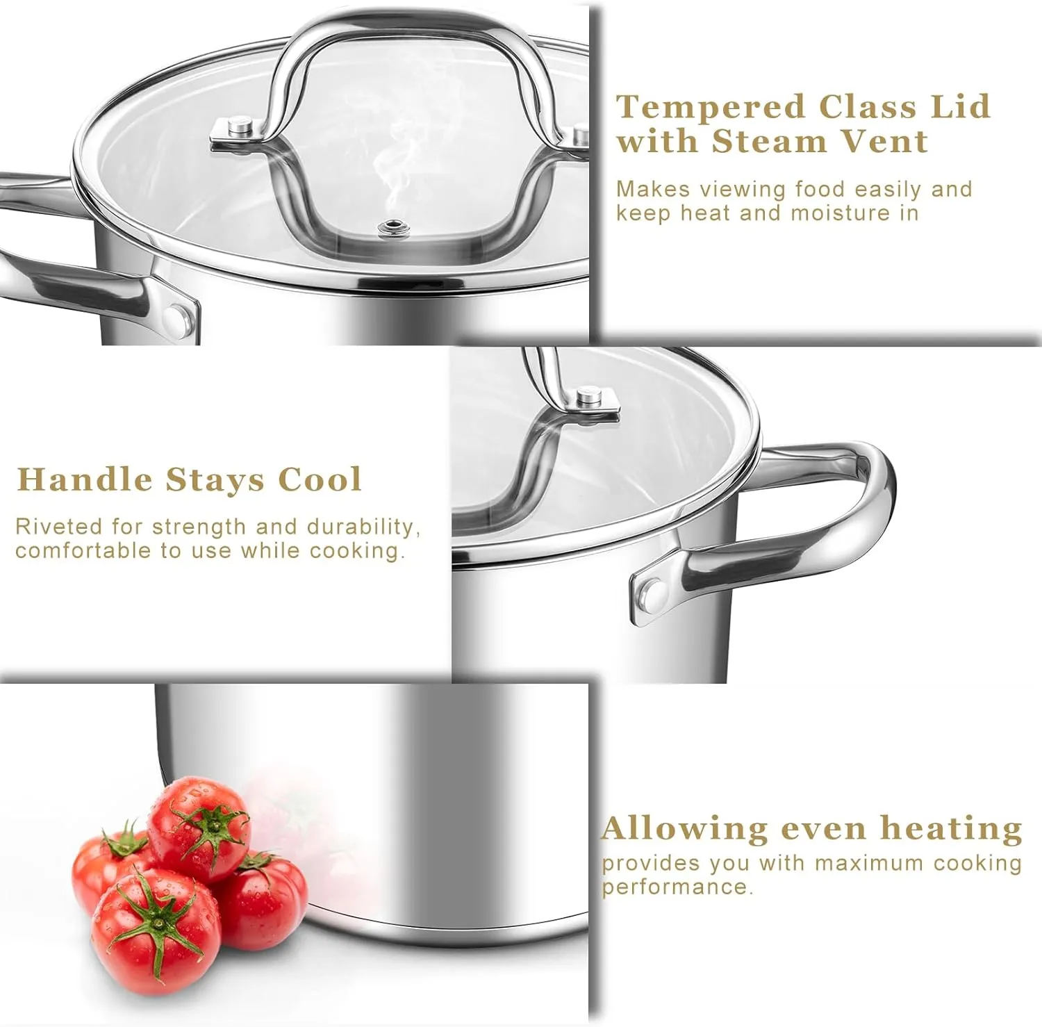 Leonyo Stainless Steel Stock Pot, 8 Quart Stock Pot with Visible Lid, Heavy Duty 3-Ply Induction Cooking Pot for Pasta, Soup, Spaghetti, 18/10 Stainless Steel StockPot for Canning, Boiling, Simmering