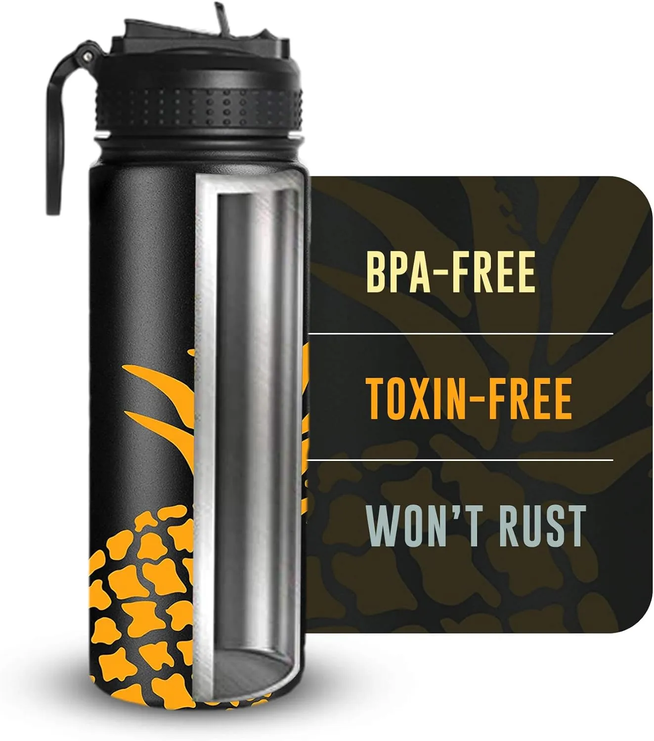 Life's Easy Stainless Steel Insulated Water Bottle - Sports Water Bottle w/Loop Handle Bionic Silicone Straw Lid - Vacuum Flask for Hot & Cold Drinks - Great for School & More (Pineapple Black,18 oz)